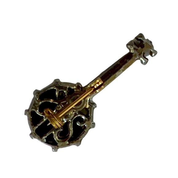 Vintage Guitar Banjo Silver Sparkly Toned Antique Brooch Pin - Picture 3 of 4